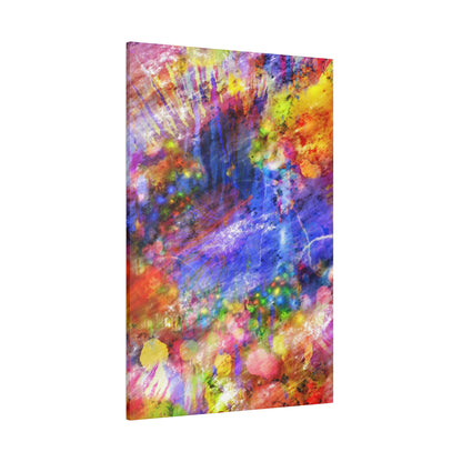 Abstract colorful canvas print featuring chaotic splashes of red, blue, yellow, purple, and green.