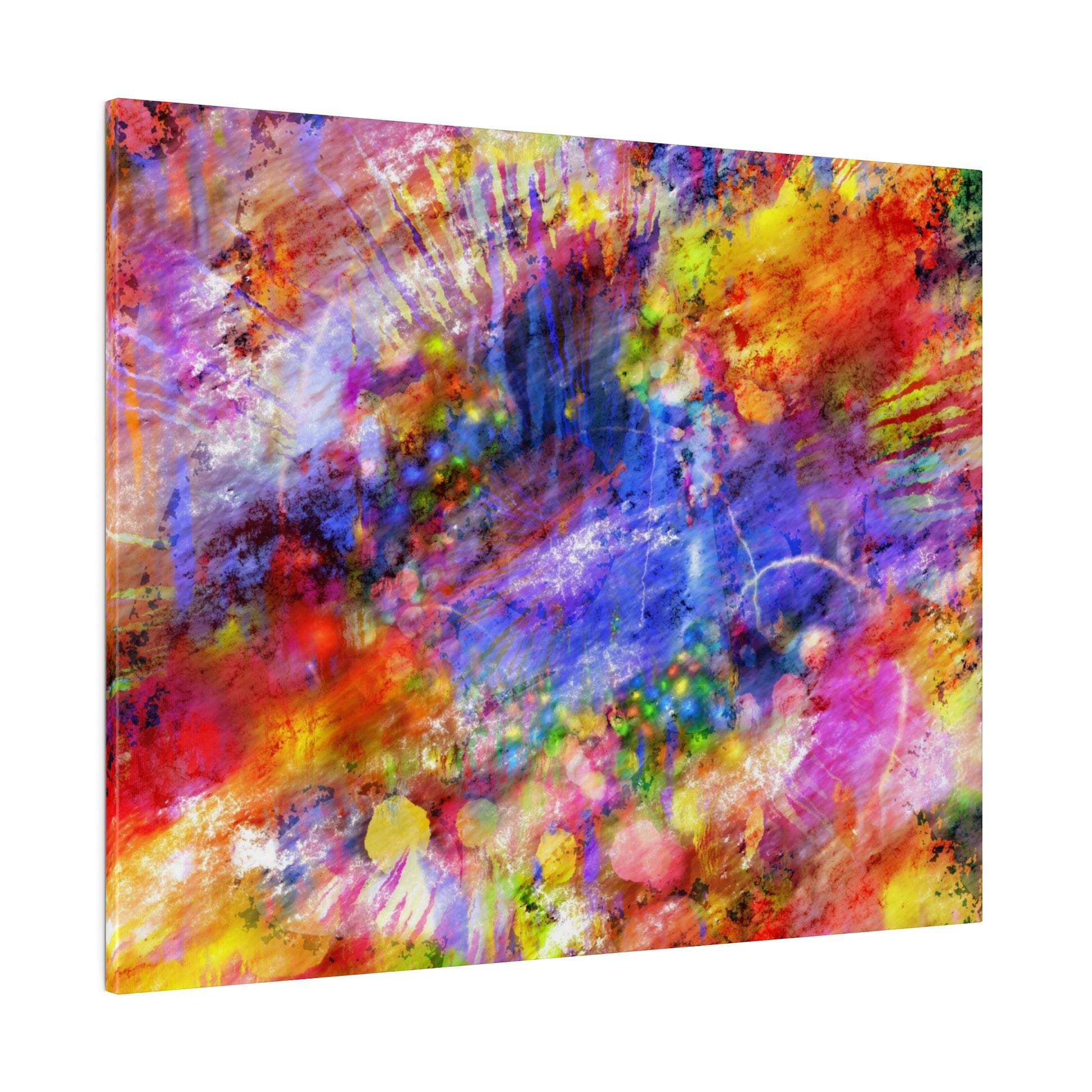 Abstract painting with vibrant color splashes of red, blue, yellow, purple, and green on canvas.