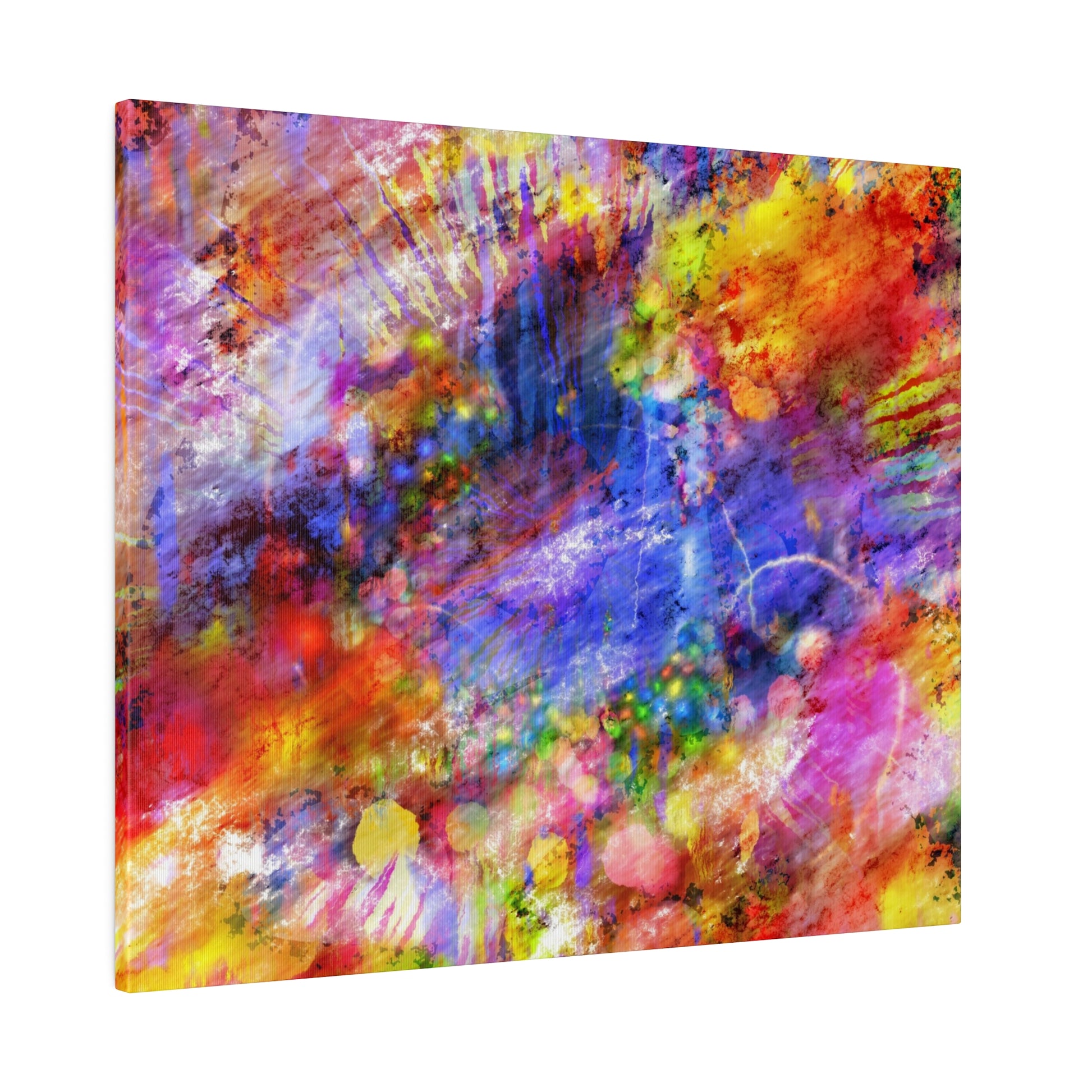 Abstract acrylic painting on canvas with vibrant splashes of red, purple, yellow, blue, and orange.
