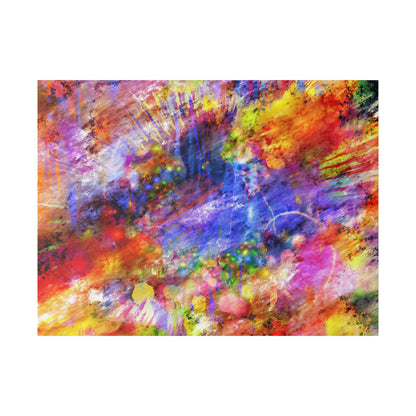 Abstract painting with vivid splashes of red, blue, yellow, pink, and orange across a multicolored canvas.