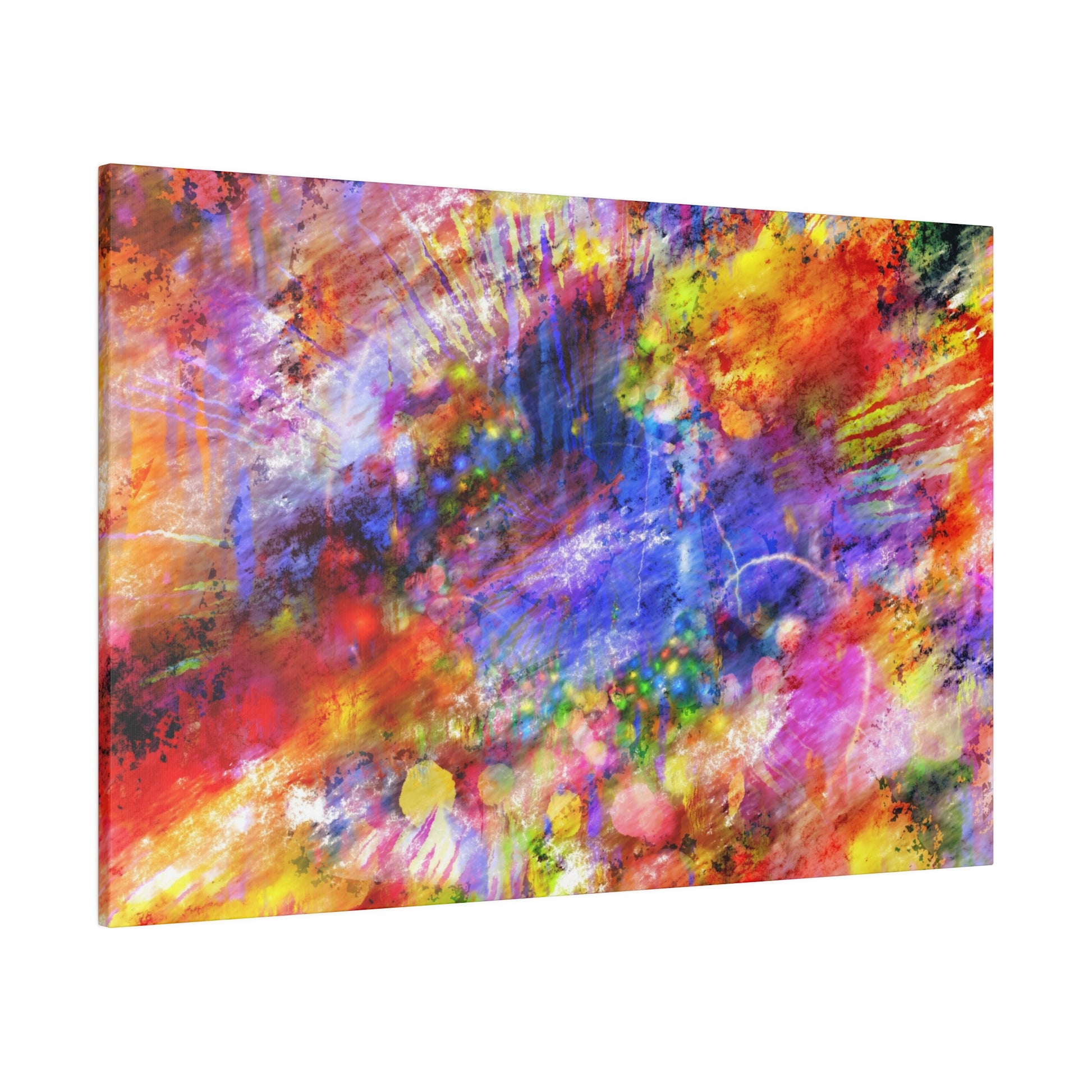 Abstract canvas painting with vivid multicolor splashes of red, blue, yellow, and purple.