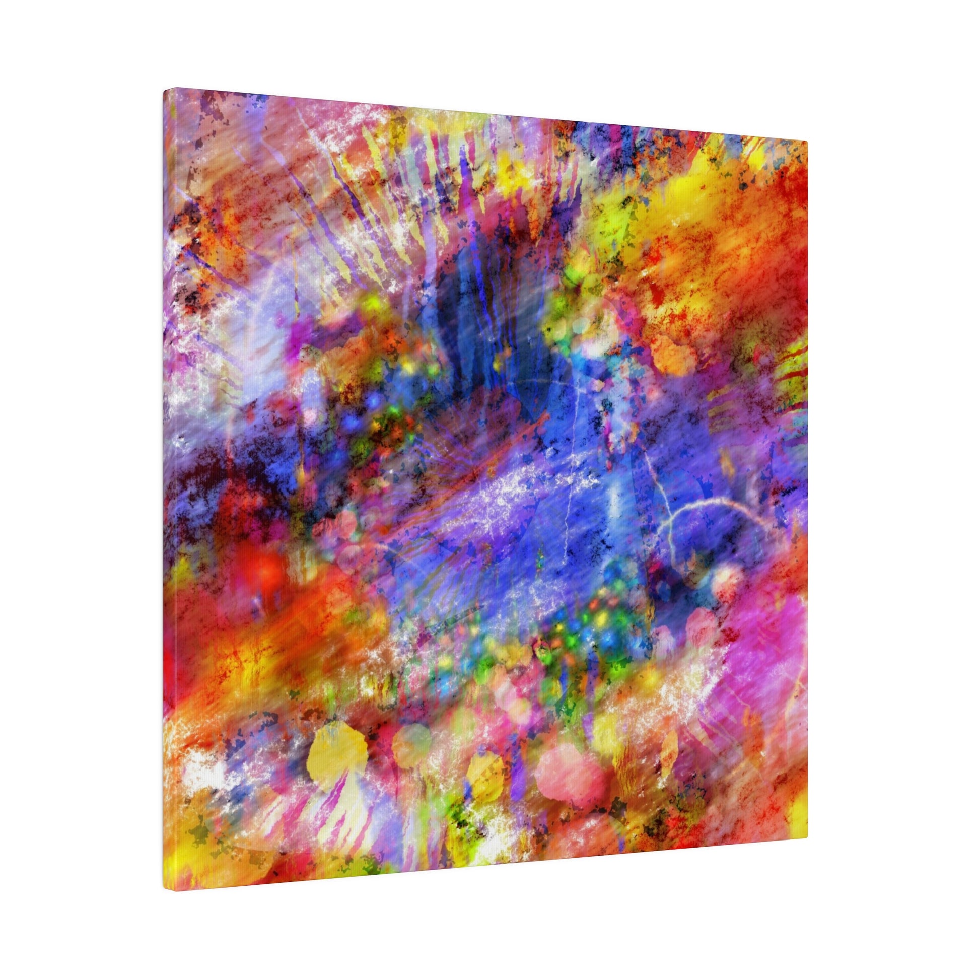 Abstract canvas painting with vivid splashes of red, orange, yellow, blue, purple, and pink in a chaotic, layered composition.