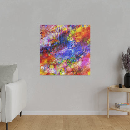 Square abstract painting with vivid multicolor splashes (red, blue, yellow) hung on a light gray living room wall.