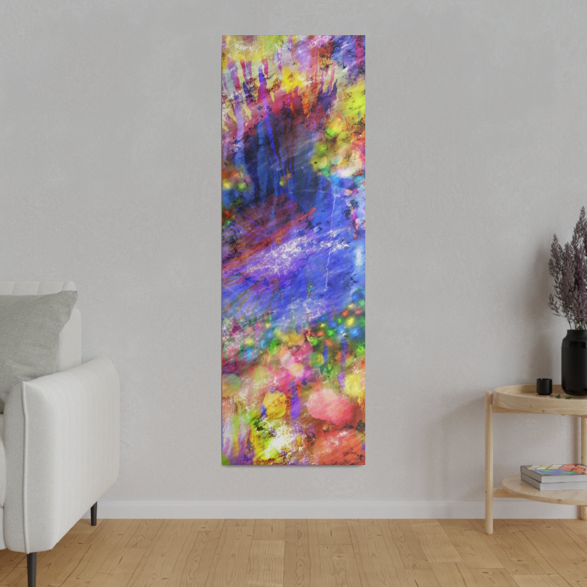 Vertical rectangular wall art panel featuring a multicolored abstract splash pattern in blue, purple, yellow, and red.