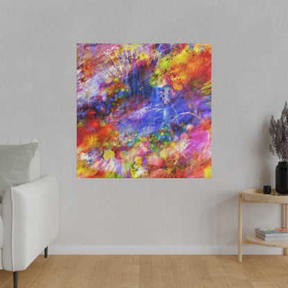 Abstract colorful acrylic painting with red, blue, yellow and purple splotches hanging on a light gray wall in a living room.