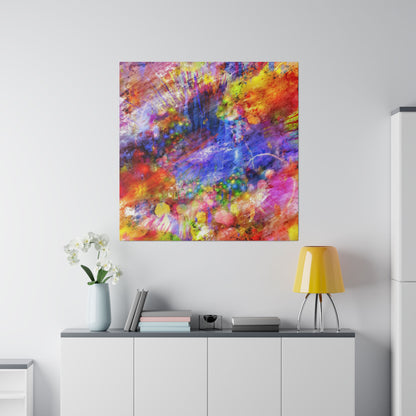 Abstract multicolor painting hung above a white sideboard with a yellow lamp and a vase of white orchids.