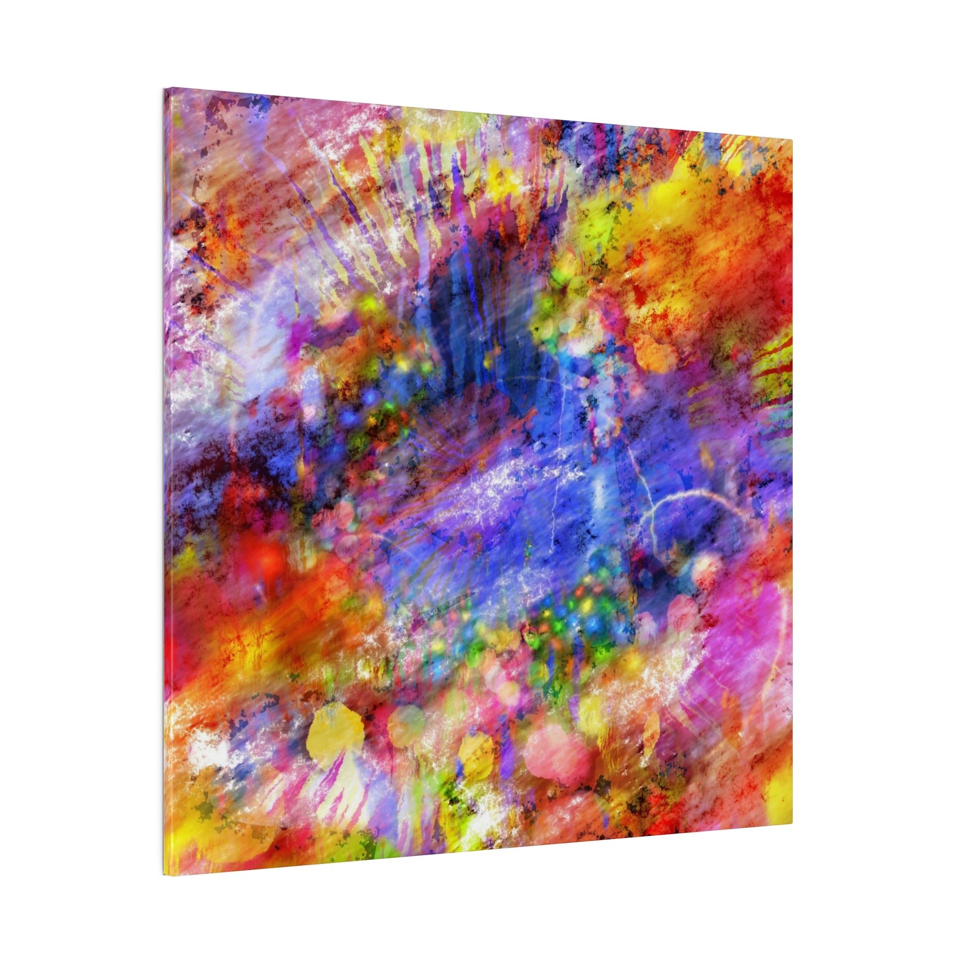 Abstract canvas with vibrant multicolored paint splatters including red, blue, yellow, purple, pink, and orange.