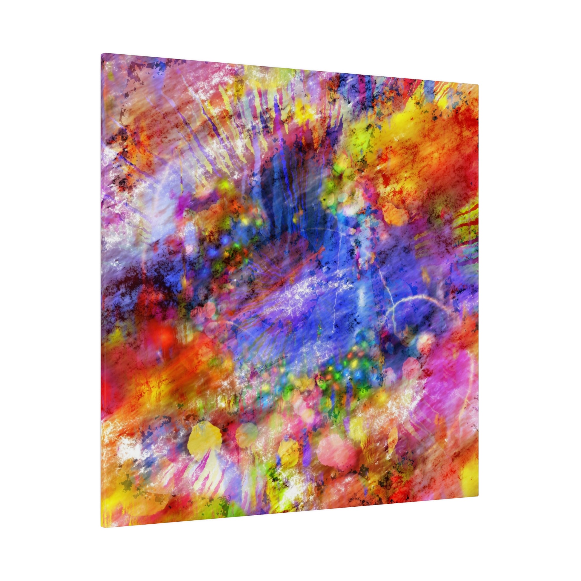 Abstract multicolor canvas painting with chaotic splashes of red, blue, yellow, purple and green.