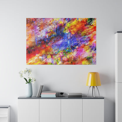 Abstract multicolored painting on the wall above a white cabinet with a yellow lamp and a vase of white flowers.