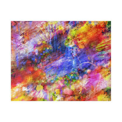 Abstract canvas with vibrant splashes of red, blue, yellow, purple, and orange in a chaotic, multicolor pattern.