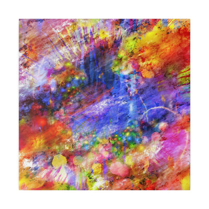 Abstract colorful painting with swirling blue, purple, yellow, red, and orange strokes and textured areas.