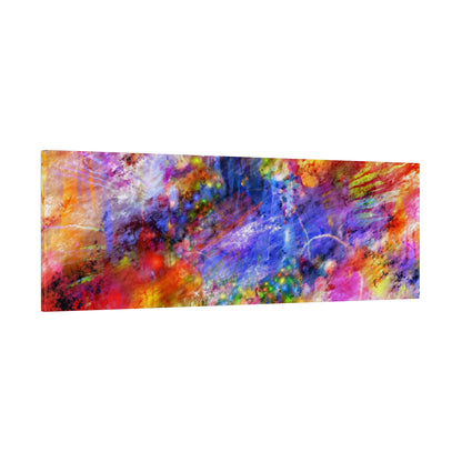 Rectangular abstract canvas with chaotic, layered splashes of red, blue, yellow, purple, and orange.