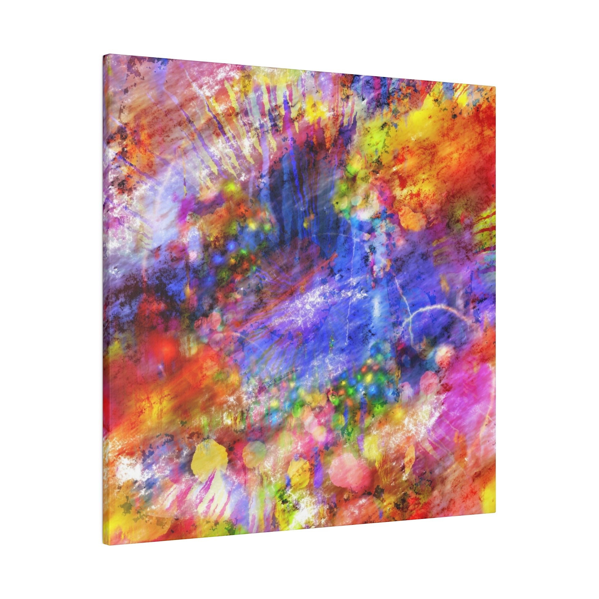 Abstract colorful canvas wall art with vivid splashes of red, blue, purple, and yellow in a chaotic layered pattern.