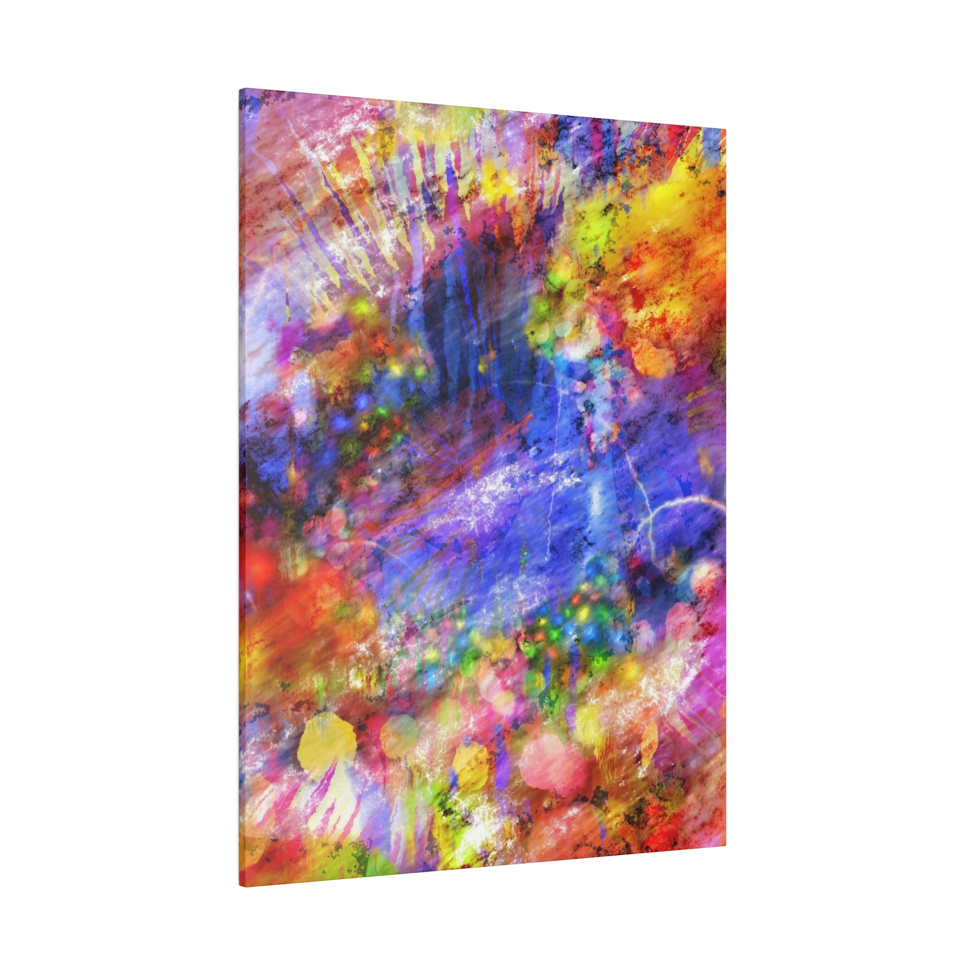 Abstract multicolor canvas featuring swirling splashes of pink, purple, blue, yellow, and orange in a circular pattern.