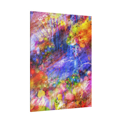 Abstract multicolor canvas featuring swirling splashes of pink, purple, blue, yellow, and orange in a circular pattern.