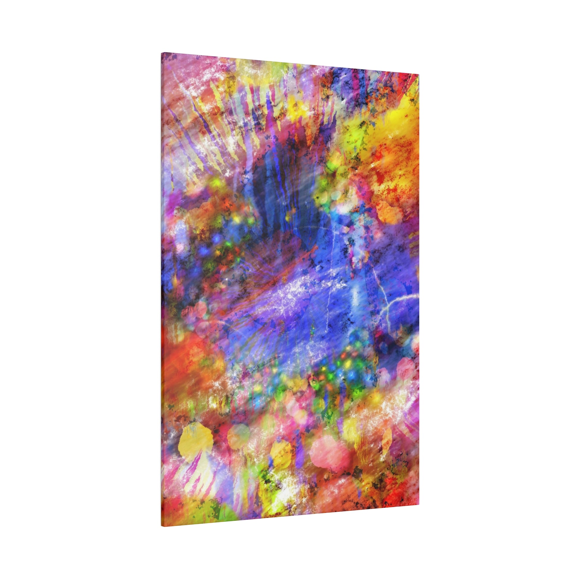Vertical abstract canvas featuring vibrant pink, yellow, purple, blue, and green splashes in a watercolor-like pattern.