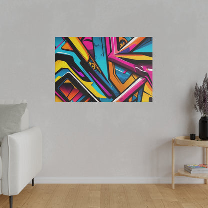 Colorful abstract graffiti artwork on a canvas hanging on a gray wall in a modern living room.
