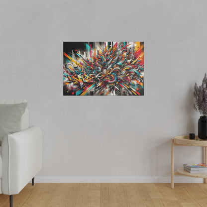 Colorful abstract graffiti-style painting with swirling shapes mounted on a light gray wall above a white armchair.
