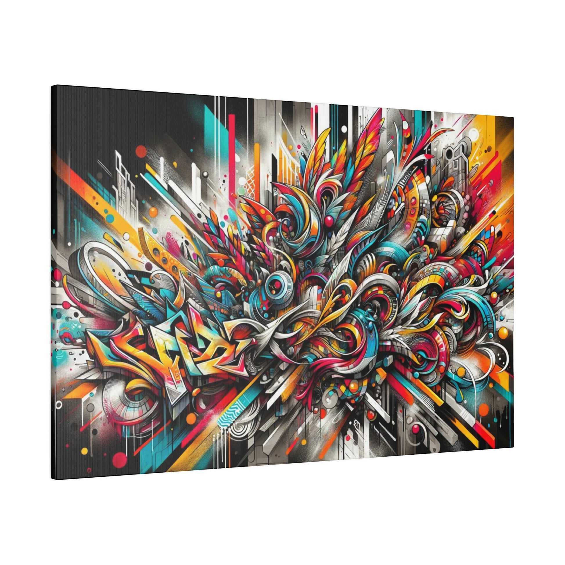Abstract graffiti-style mural on a canvas, with bright reds, blues, yellows and twisting, colorful swirls and geometric shapes.