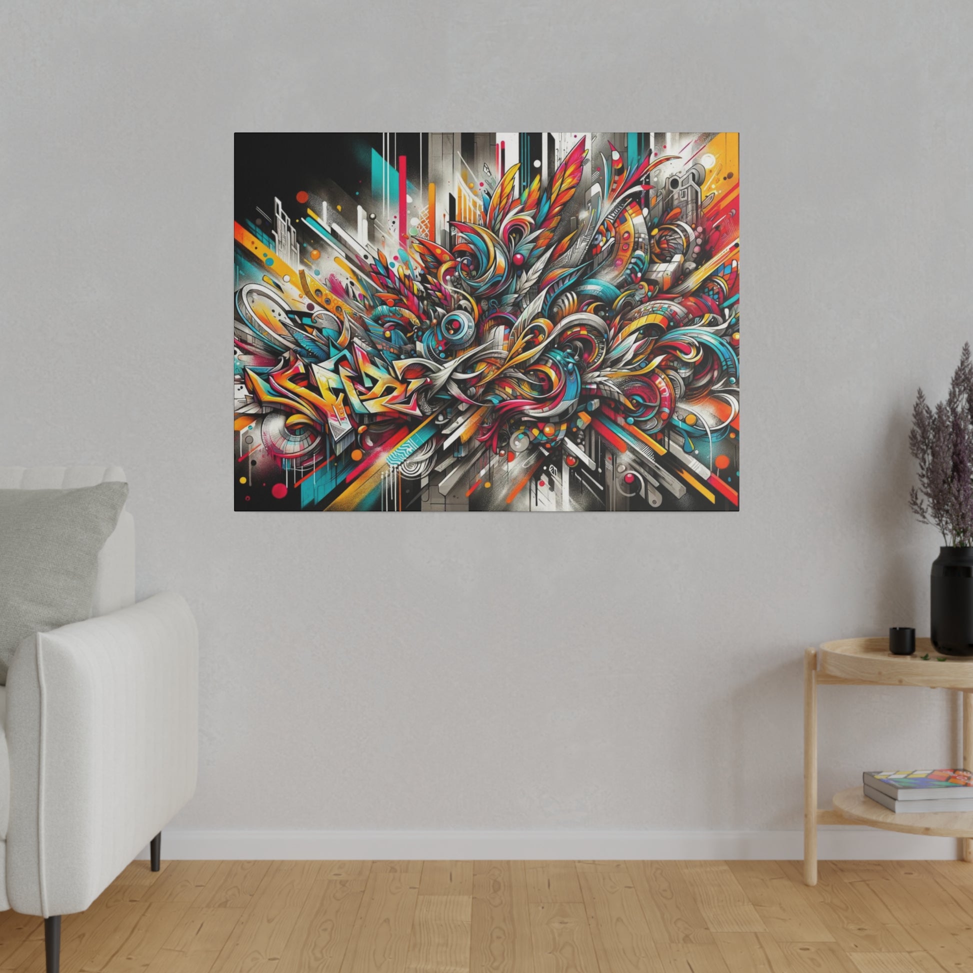 Rectangular canvas of vibrant abstract graffiti with red, blue, yellow, and teal swirls on a gray wall.