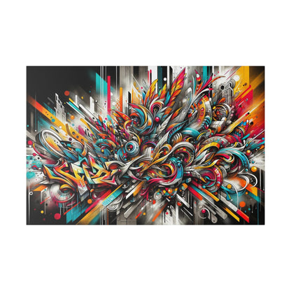 Abstract graffiti-style wall art with vibrant red, blue, yellow swirls and geometric shapes on a dark background.