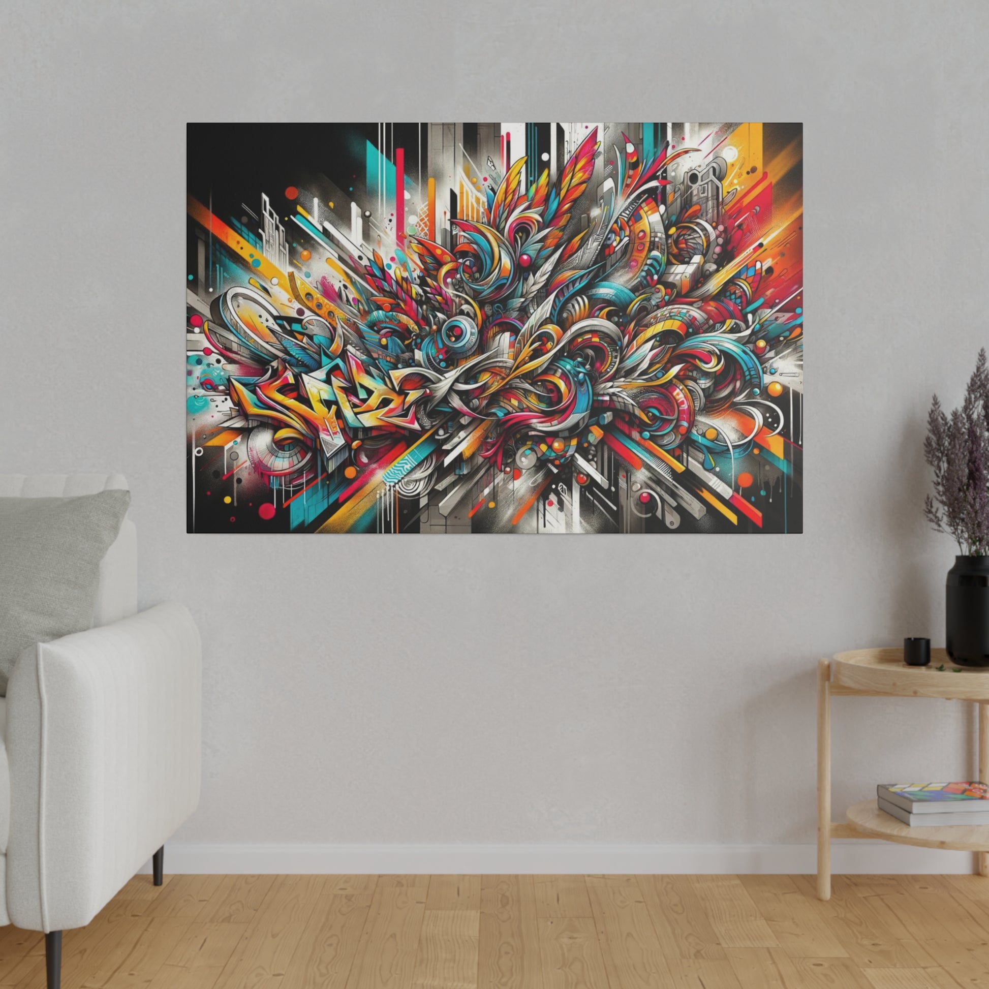 Colorful abstract graffiti-style canvas with tangled shapes and bright lines mounted on a gray wall in a living room.