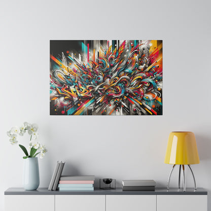 Colorful abstract graffiti-style painting on canvas mounted on a light gray wall above a sideboard with a vase, books, and a yellow lamp.
