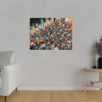 Abstract graffiti-style painting with bright reds, blues, yellows mounted on a light gray wall above a white sofa in a living room.