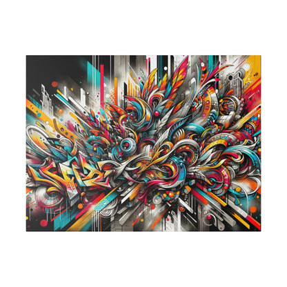 Colorful abstract graffiti mural on a rectangular canvas with vibrant swirls and geometric shapes.