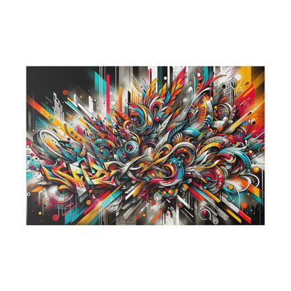 Colorful abstract graffiti mural featuring swirling shapes, sharp angular lines, and bright reds, blues, yellows on a dark background.