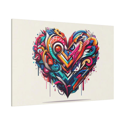 Canvas wall art featuring a vibrant graffiti-style heart formed from multicolored geometric shapes and swirls.