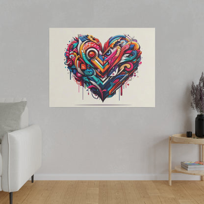Colorful graffiti-style heart artwork mounted on a beige wall in a modern living room with a white sofa.