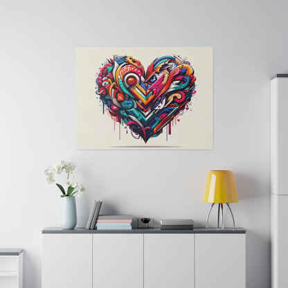 Colorful abstract heart graffiti art on a light wall above a white cabinet with a yellow lamp and white orchid vase.