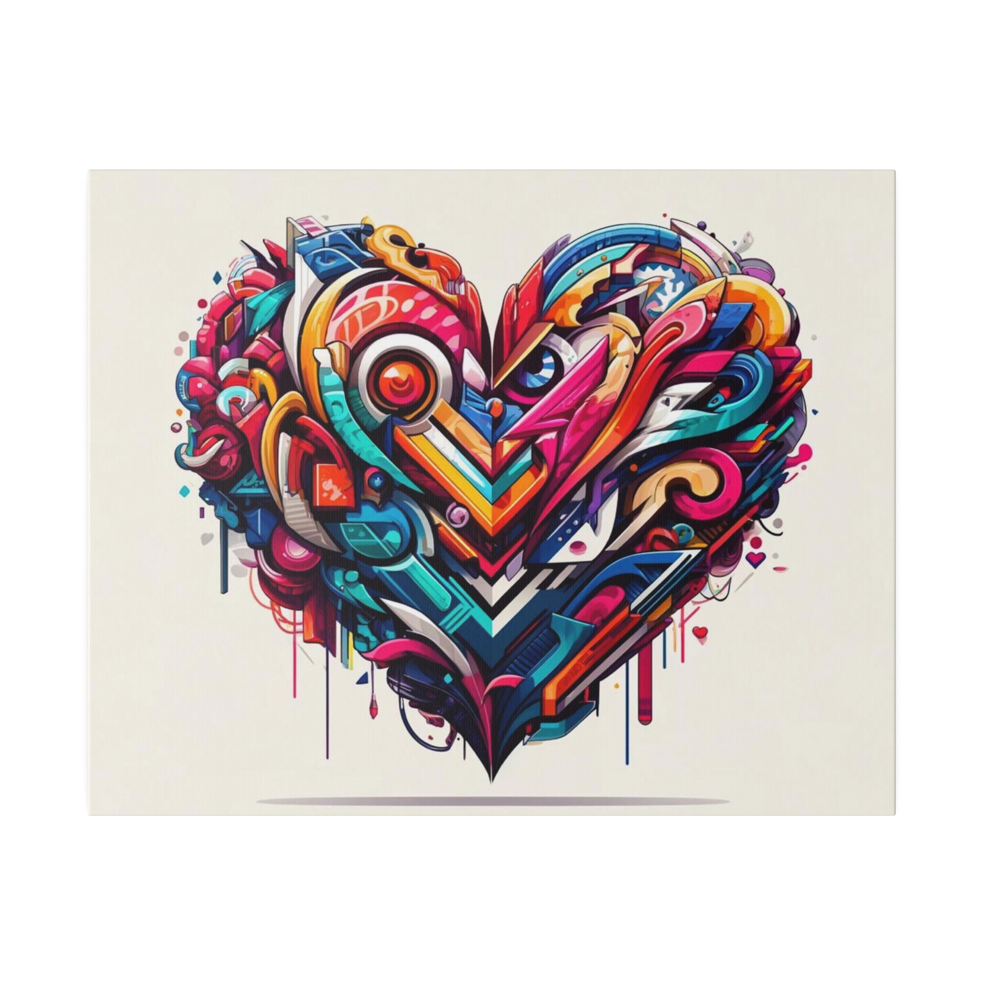 Colorful abstract graffiti heart on a beige canvas, with geometric shapes, swirls, and dripping paint.