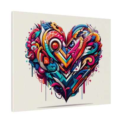 Colorful abstract graffiti-style heart artwork on a light beige canvas, with vibrant geometric shapes and paint drips.