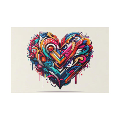 Colorful abstract graffiti heart illustration with layered geometric shapes in red, blue, yellow on a light beige background.