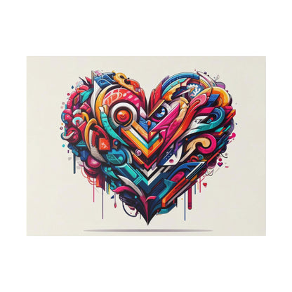 Colorful graffiti-style heart made of bold, geometric shapes in blues, reds, pinks, and yellows on a light beige background.