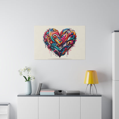 Colorful graffiti-style heart artwork hanging on a light wall above a white cabinet with a yellow table lamp and a vase of white flowers.