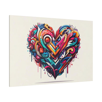 Colorful graffiti-style heart artwork on a beige canvas, built from vibrant geometric shapes and paint drips.