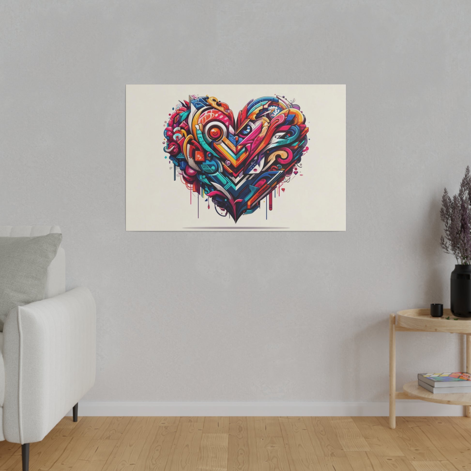 Colorful graffiti-style heart painting mounted on a light beige living room wall.