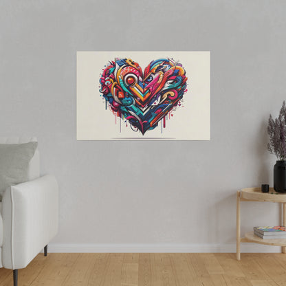 Colorful graffiti-style heart painting mounted on a light beige living room wall.