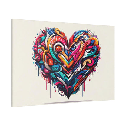 Colorful graffiti-style heart artwork with vibrant geometric shapes and paint drips on a light canvas.