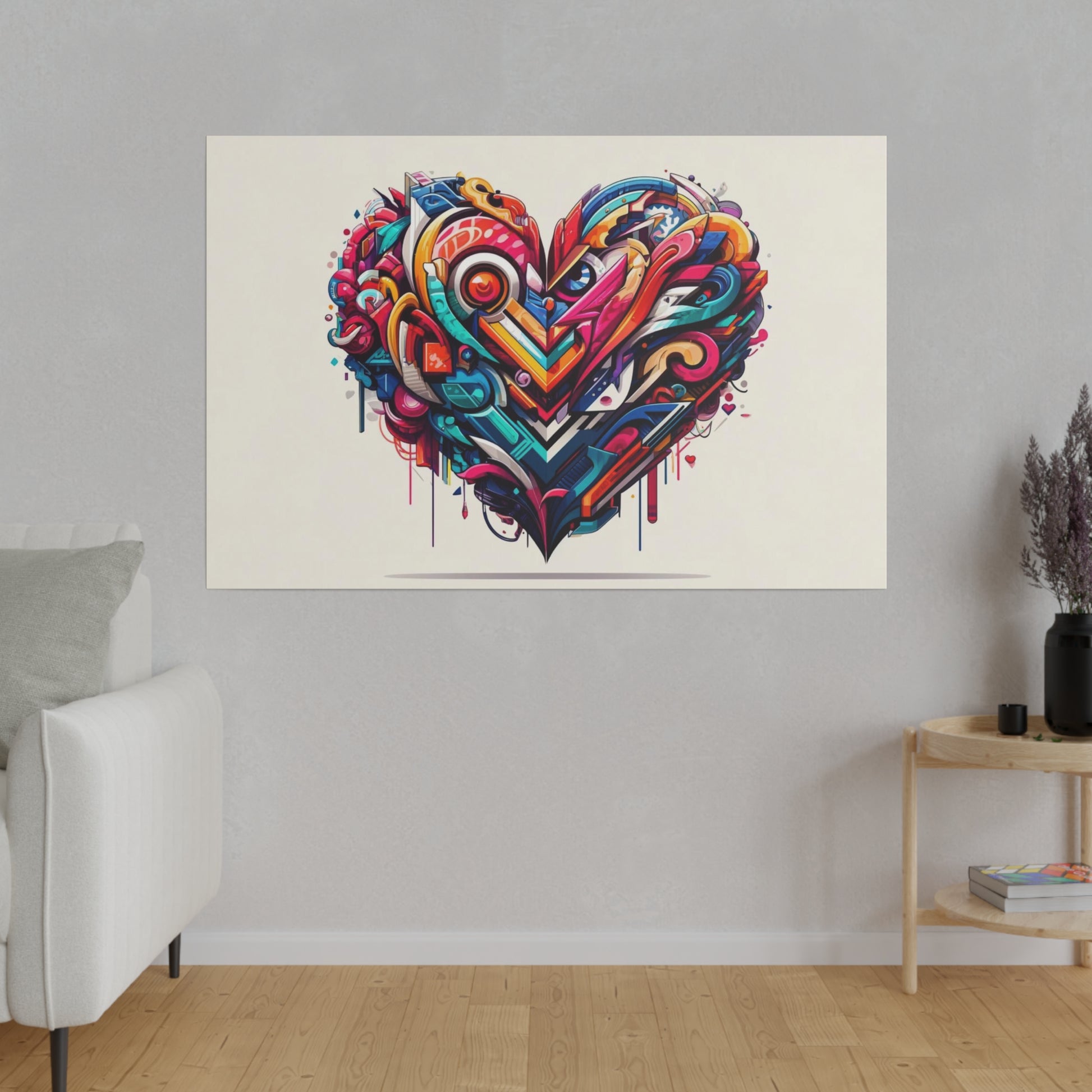 Vibrant abstract graffiti-style heart with multicolored geometric shapes on a pale beige canvas.