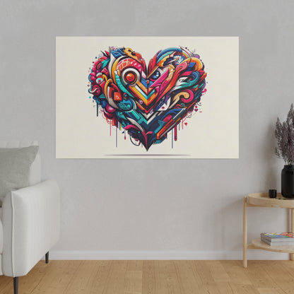 Vibrant abstract graffiti-style heart with multicolored geometric shapes on a pale beige canvas.