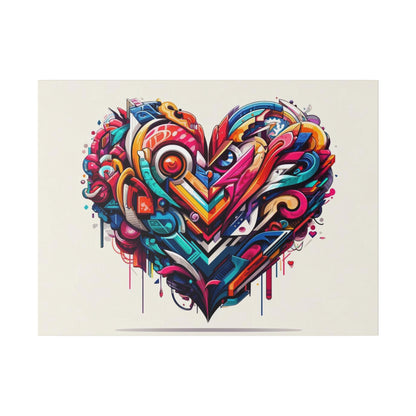 Colorful graffiti-style heart mural with layered geometric shapes and paint drips on a light beige canvas.