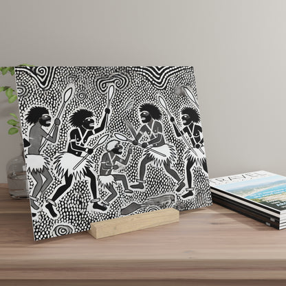 Square black-and-white tribal painting showing dancers with spears and grass skirts against a dotted patterned background, on a wooden