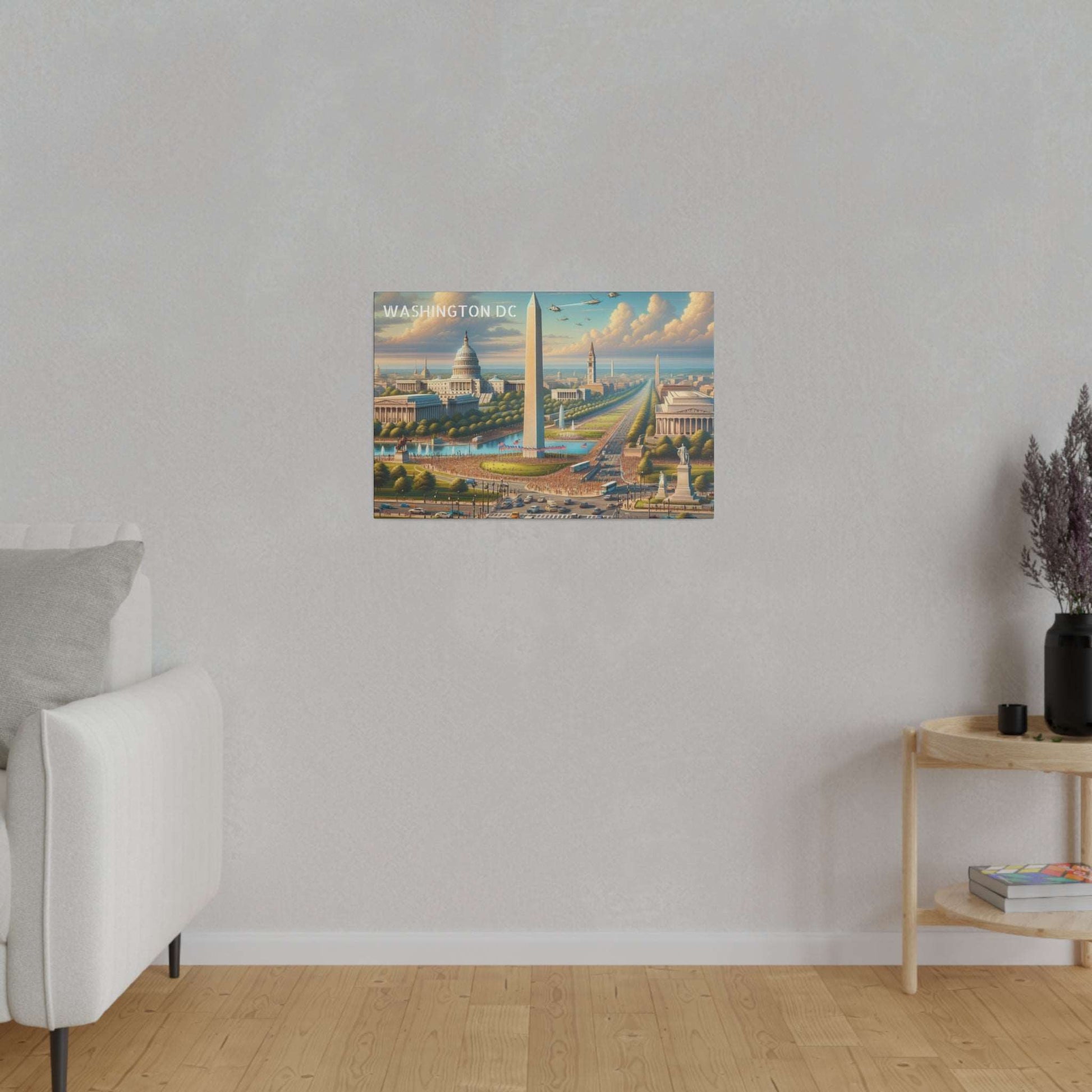 Canvas wall art titled Washington DC skyline, depicting monuments and a blue sky in a living room.