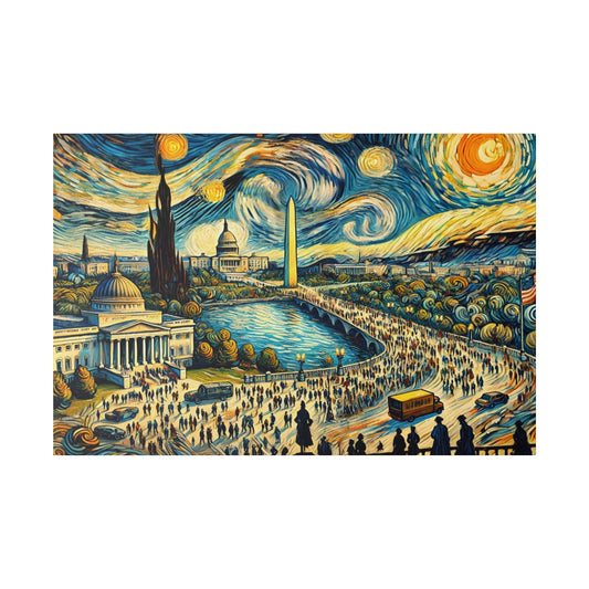 Vivid, swirling painting of a cityscape with the Capitol, obelisk, river, and crowded avenues.