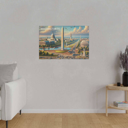 Canvas wall art depicting Washington DC skyline with the Washington Monument and Capitol in a colorful daytime scene.