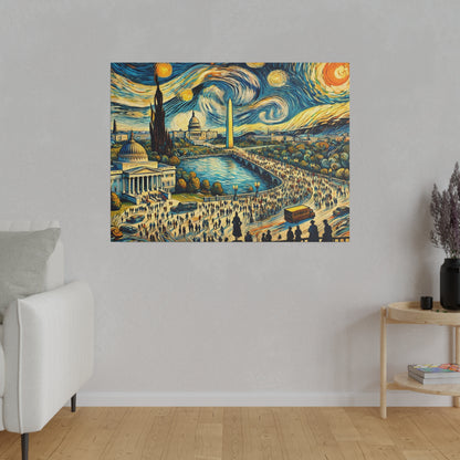 Colorful painting of a crowded city by a river with domed buildings, an obelisk, and a swirling sky.